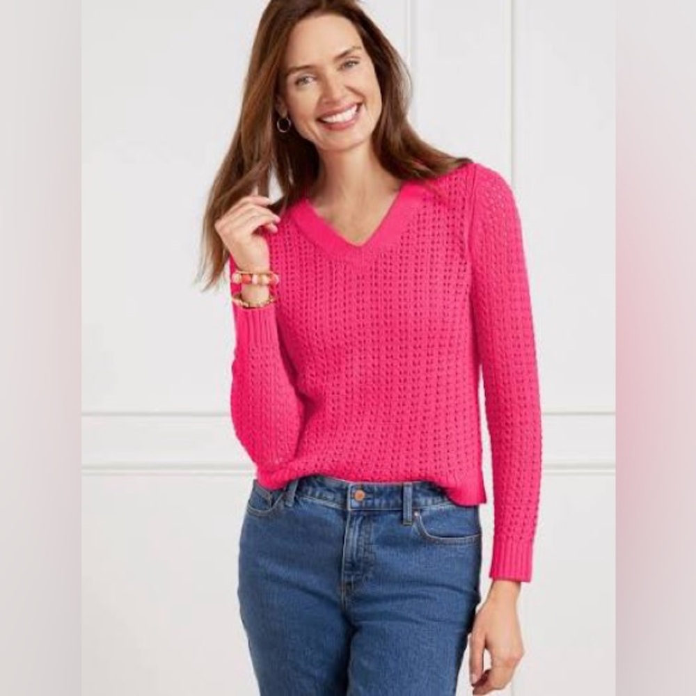 Women’s Talbots Sweater Open Stitch V Neck New NWT XL Pink 100% Cotton